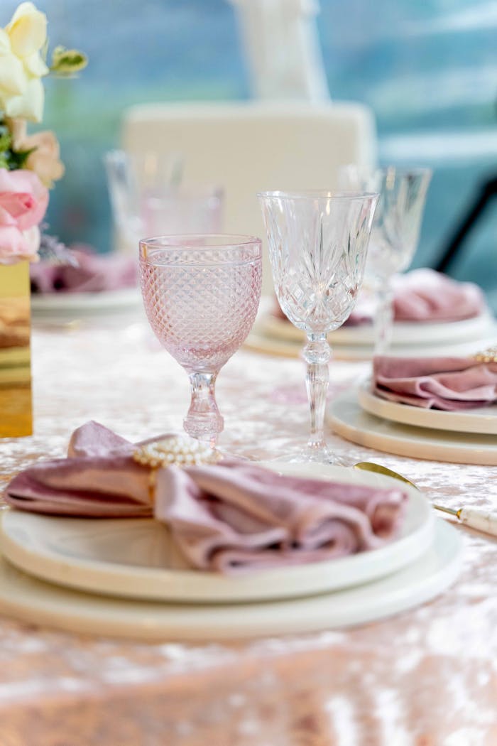 services-01 Beautifully arranged table setting with crystal glassware and pink linens, perfect for weddings or events.