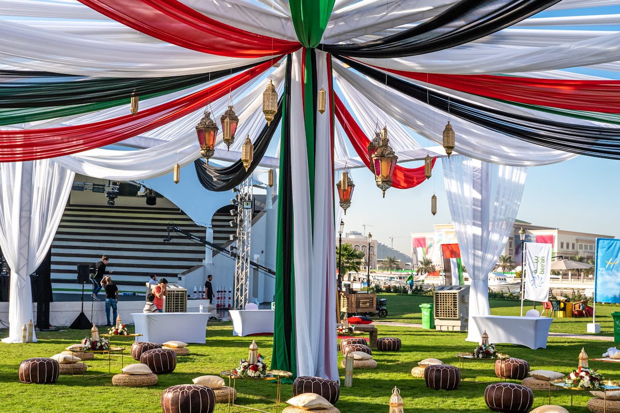 about-01 Colorful outdoor event setup with traditional Emirati decor in Dubai, ideal for cultural celebrations.